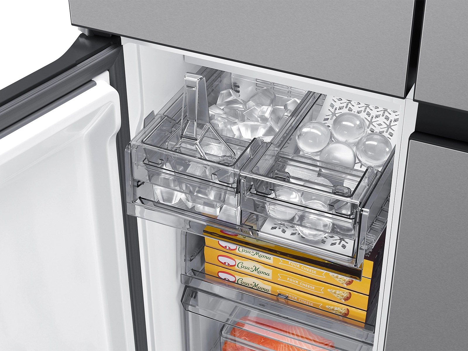 Bespoke 22 cu. ft. Counter Depth 4-Door French Door Refrigerator with Zero Clearance Fit &amp; Dual Auto Ice Maker with Sphere Ice F-door-Open Stainless Steel 