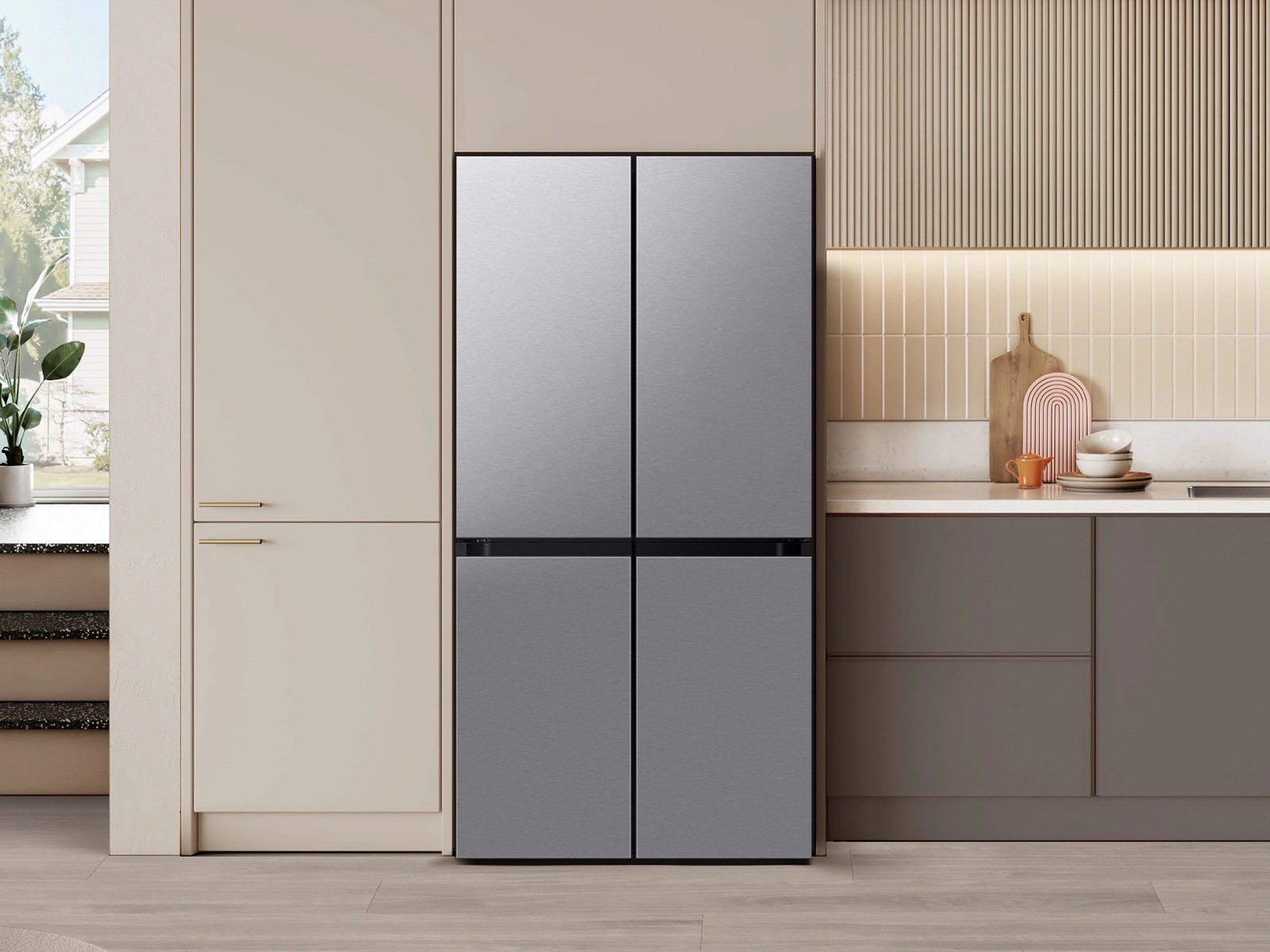 Bespoke 22 cu. ft. Counter Depth 4-Door French Door Refrigerator with Zero Clearance Fit &amp; Dual Auto Ice Maker with Sphere Ice Ice-Maker Stainless Steel 