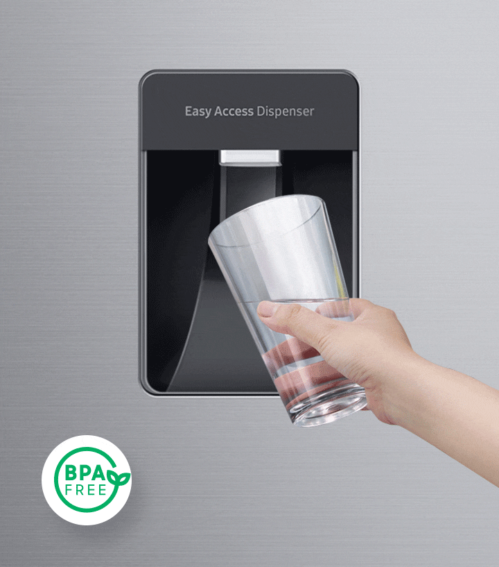 A user fills a cup with water from a easy access dispenser, with logo that reads BPA Free in the bottom left corner.