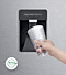 A user fills a cup with water from a easy access dispenser, with logo that reads BPA Free in the bottom left corner.