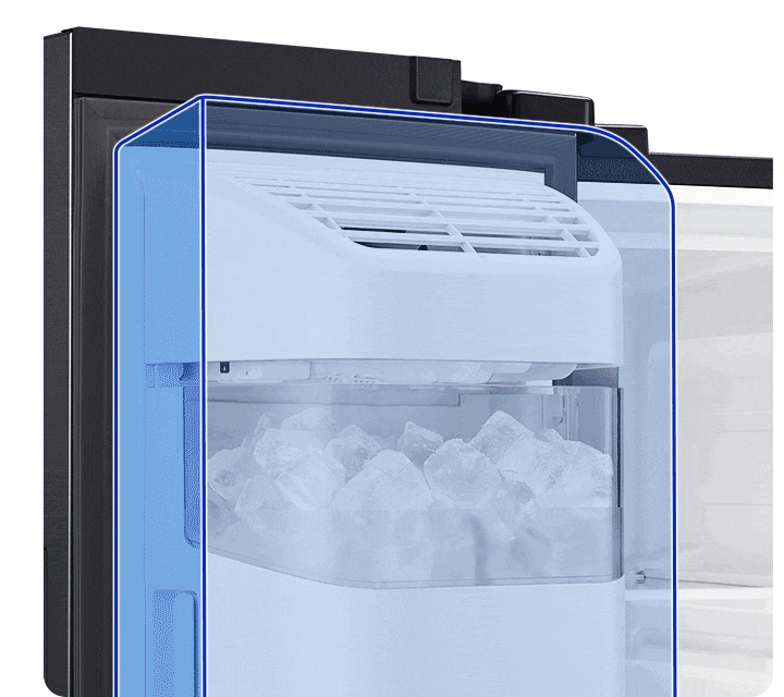 A closeup of the Auto Ice Maker on the top left part of the fridge simulates how this ice maker is taking up less space enabling practical space use.