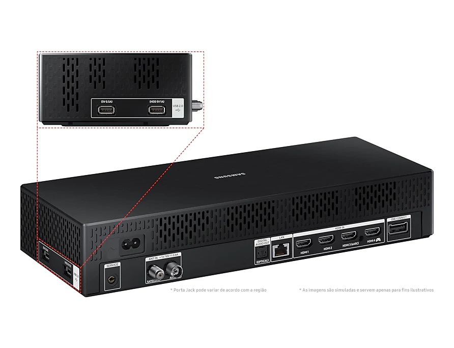   QLED QA65LS03TAUXKE com conexão única Samsung tem portas USB 2.0, áudio e jack HDMI