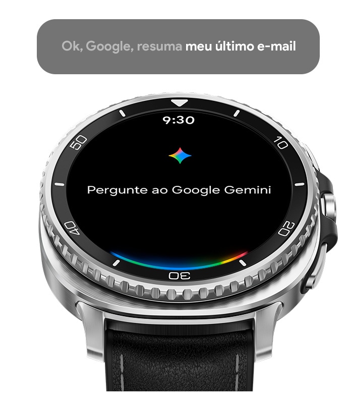 Galaxy Watch8 Classic ligeiramente inclinado com a hora 9h30, texto “Pergunte ao Google Gemini” na tela. Acima do dispositivo há uma caixa de texto que indica que o usuário está usando o recurso Google Gemini disponível no Galaxy Watch8 Classic. A caixa de texto exibe: “Ei, Google, resuma meu último e-mail