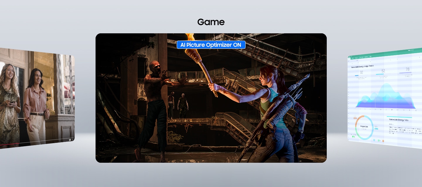 Màn hình được chia đôi: một nửa của cảnh game, tài liệu và video hiển thị tối và mờ khi tắt AI Picture Optimizer, nửa còn lại rõ nét khi bật tính năng này.
