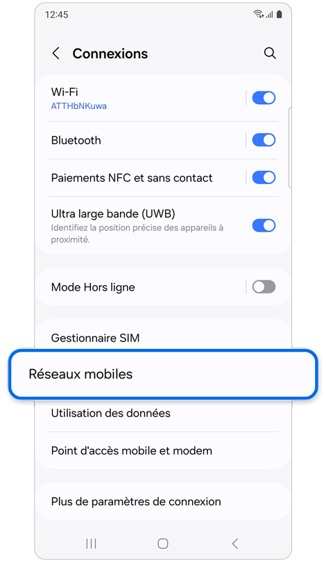 Écran d'accueil du menu des connexions.