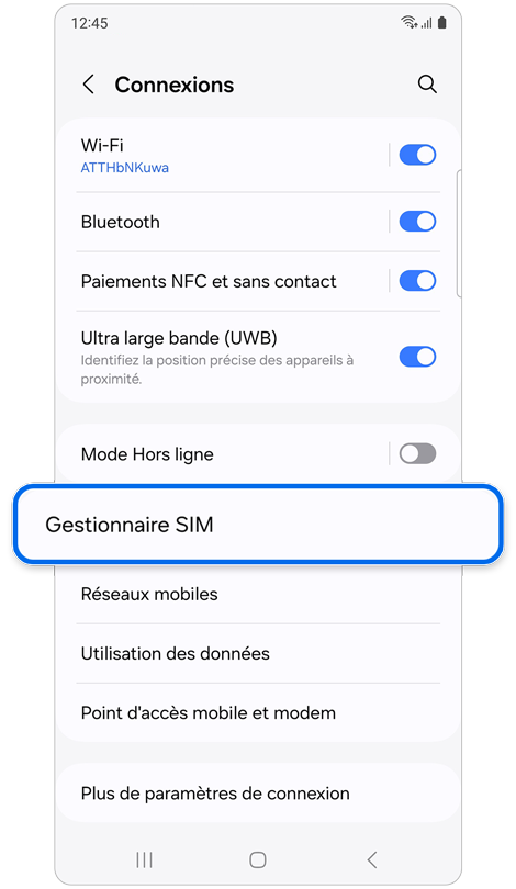 Écran d'accueil du menu des connexions.