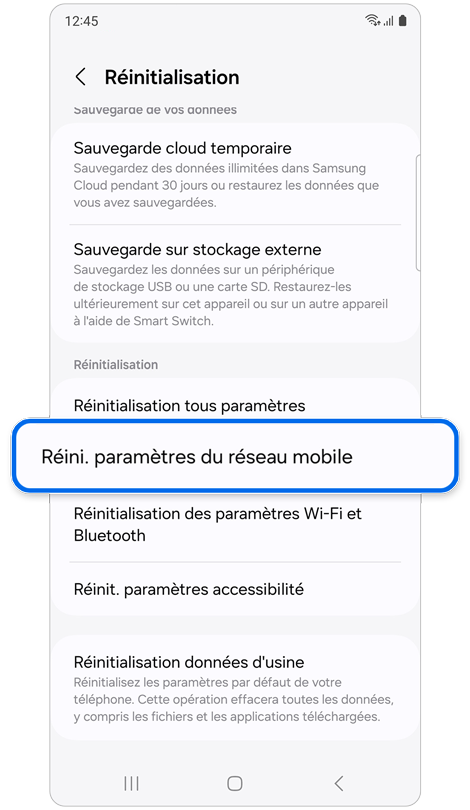 Écran du menu de réinitialisation