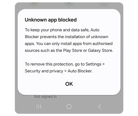 Pop-up alert for installing app from unknown source.