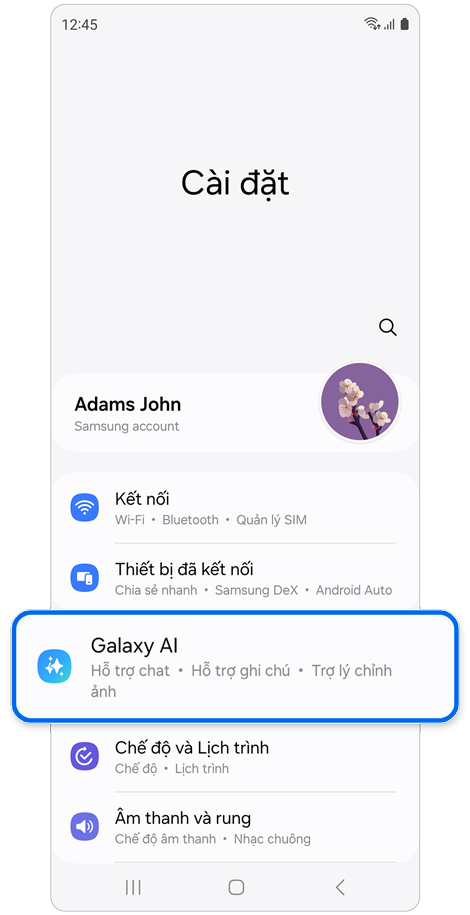 Màn hình chính của mục Cài đặt