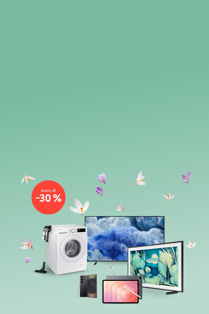 Na obrázku je kolekce různých elektronických zařízení značky Samsung – pračka, televizor, chytrý telefon, monitor, sluchátka a další – se zvýrazněnou oranžovou značkou s textem „sleva -30 %“.