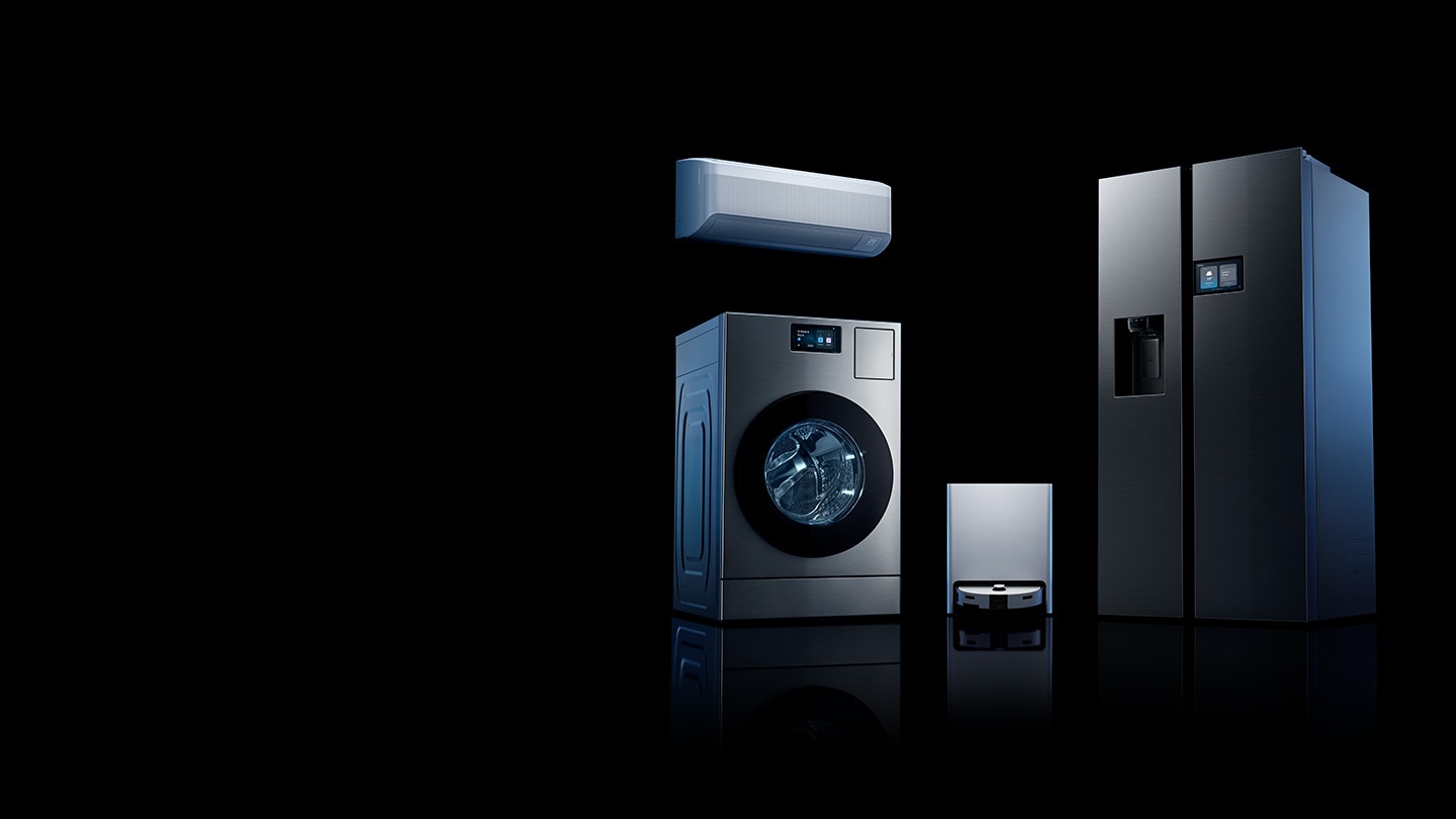 Samsung’s Bespoke AI product lineup shows: Bespoke AI Windfree, Bespoke AI Laundry, Bespoke Jet Bot Combo AI Robot Vacuum Cleaner and Bespoke AI Home Side-by-Side Refrigerator. Bespoke AI logo.