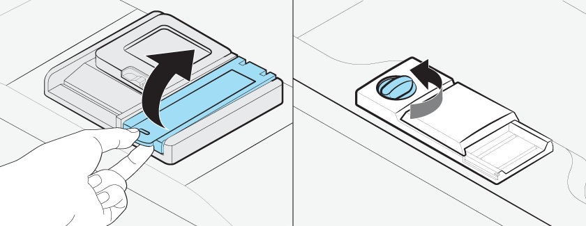 Blue highlight indicating location of the rinse aid reservoir cap with black arrow pointing upwards. Blue highlight indication location of the rinse aid reservoir cap closed with arrow curving to the left.