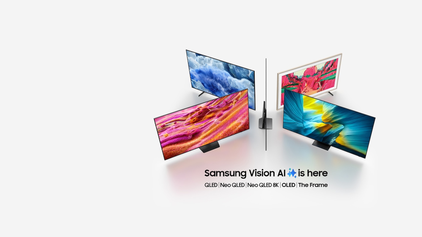 A blank TV sits alone. A vivid blue abstract landscape appears on screen. The TV suddenly moves to occupy a central position surrounded by four other TV models. Text below reads Samsung Vision AI is here. QLED, Neo QLED, Neo QLED 8K, OLED, and The Frame.