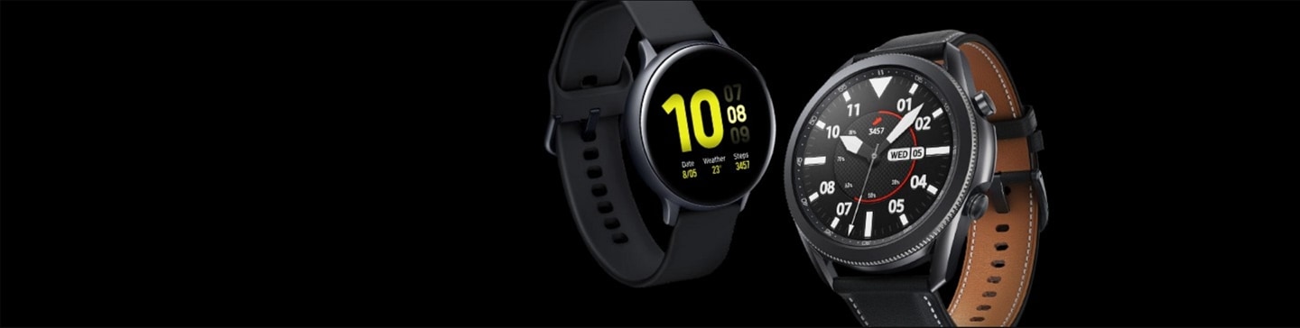 Angled view of 45mm Galaxy Watch3 in Mystic Black next to angled view of Galaxy Watch Active2 to compare Samsung watches.
