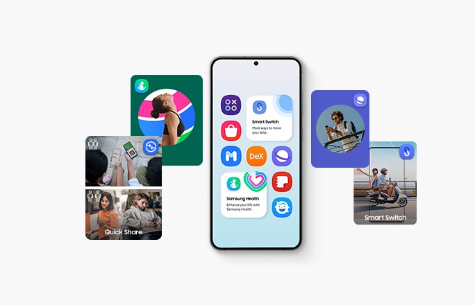 Galaxy smartphone is displaying different Apps & Services icons. On both sides of the smartphone, individuals can be seen using Galaxy devices and in poses associated with Galaxy Apps & Services.