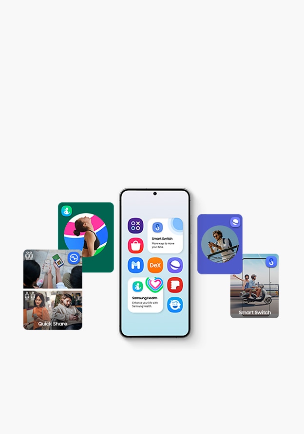 Galaxy smartphone is displaying different Apps & Services icons. On both sides of the smartphone, individuals can be seen using Galaxy devices and in poses associated with Galaxy Apps & Services.