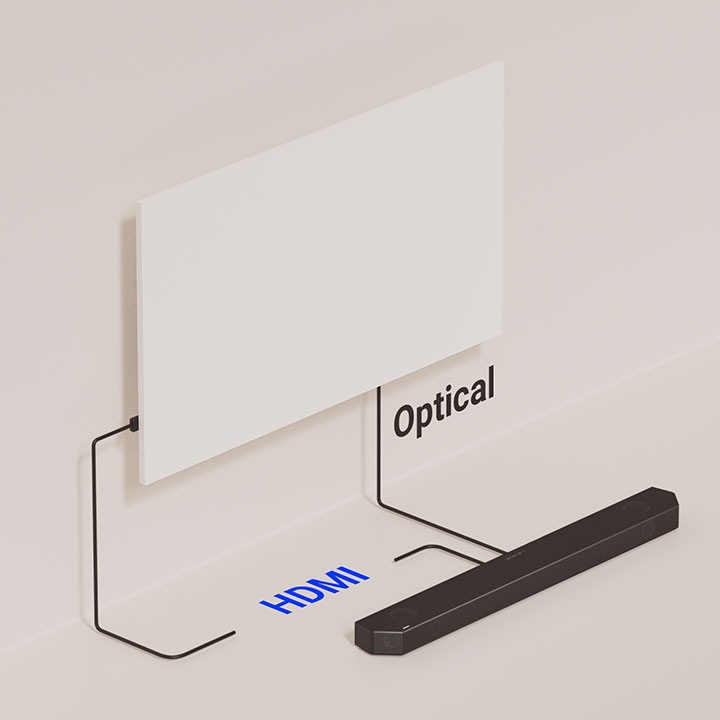 There is an illustration to demonstrate how a soundbar can be connected to a TV with cables. There are two lines connecting the two devices - one is HDMI and the other is optical. 