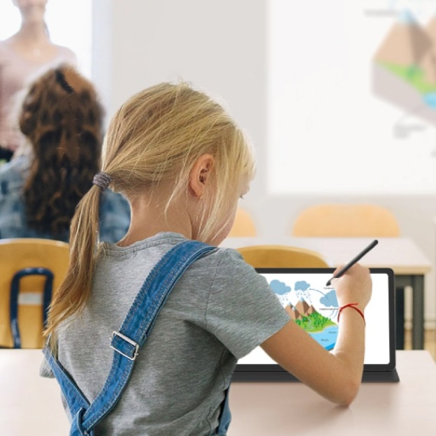  An image of a kid writing on a tab with a s-pen.