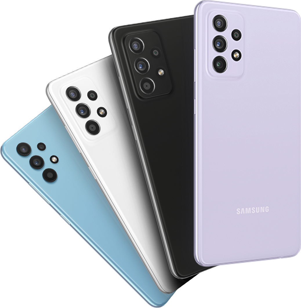 Four Galaxy A52 phones in Awesome White, Awesome Black, Awesome Violet and Awesome Blue fanned out and seen from the rear.