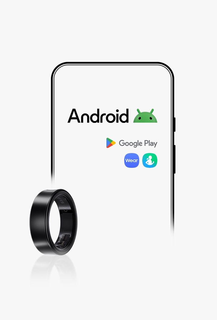In the back is an Android smartphone with the Android logo, Google Play logo and icons of Galaxy Wearable and Samsung Health apps. In the front is Galaxy Ring.