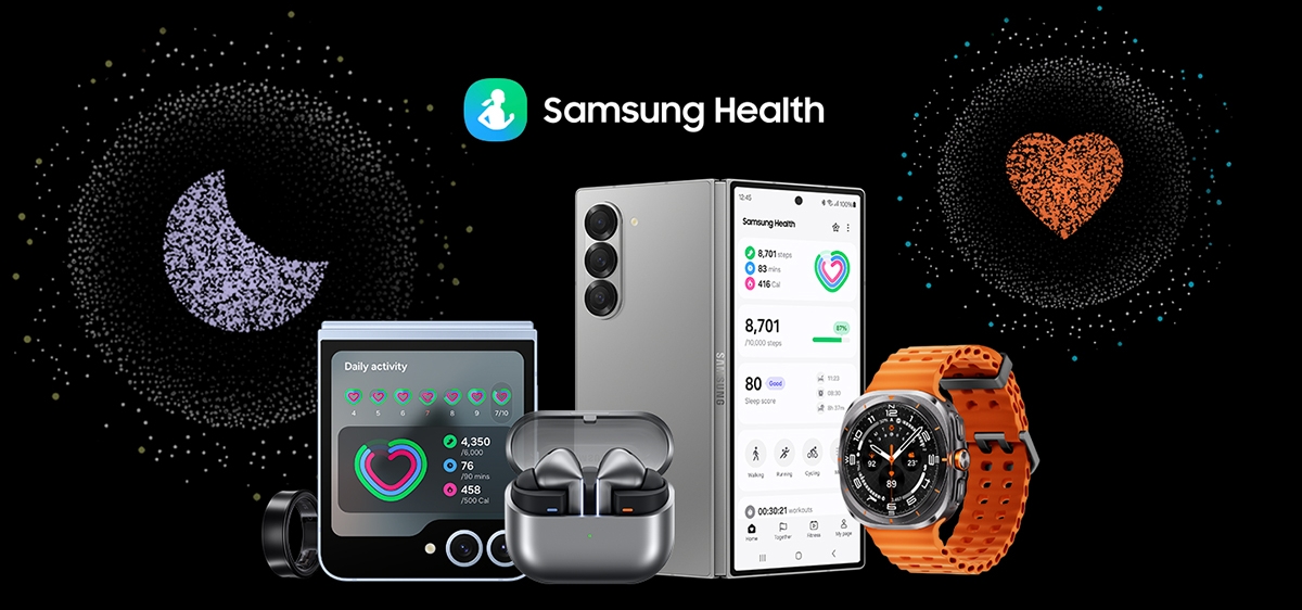 Galaxy Ring, Galaxy Z Flip6, Galaxy Buds3 Pro, Galaxy Z Fold6 and Galaxy Watch Ultra are grouped together with the text 'Samsung Health' above them. Large app icons for sleep tracking and heart rate tracking are hovering over the devices.