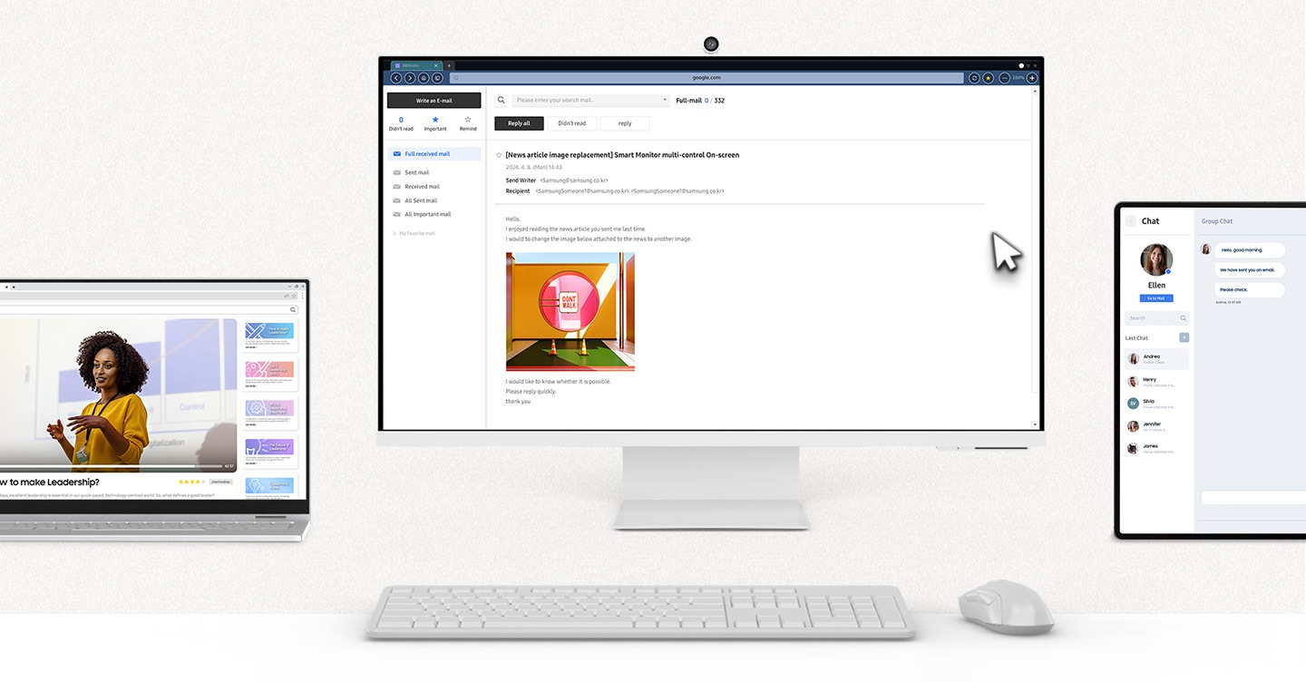 On the left is a Galaxy Book displaying a video. In the center is a computer monitor with an email open and a keyboard and mouse in front. On the right is a Galaxy Tab with a group chat open. The cursor moves from the Galaxy Book through the computer monitor and onto the Galaxy Tab to respond to the messages. Then, the cursor moves back to the computer monitor to respond to the email. 
