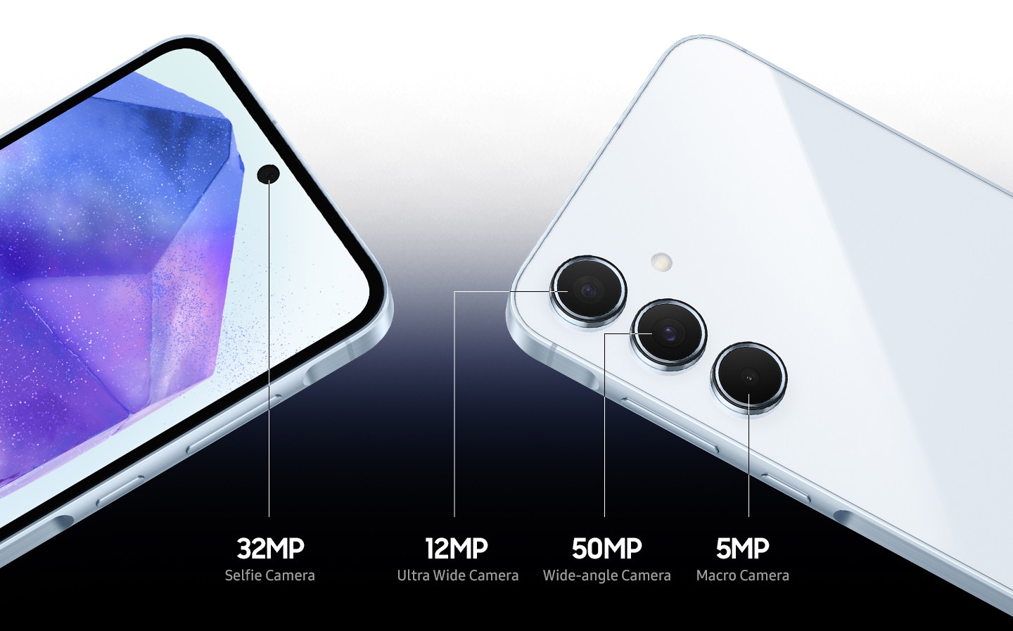 Close-up of the upper section of two Galaxy A55 5G devices are showing the front-facing 32MP selfie camera, a 12MP Ultra-Wide Camera, a 50MP Wide-angle Camera, and a 5MP Macro Camera.