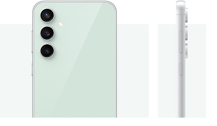 Two Galaxy S23 FE devices in Mint. One stands upright and is seen from the rear. The other is seen from the side to show the floating camera design.