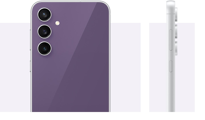 Two Galaxy S23 FE devices in Purple. One stands upright and is seen from the rear. The other is seen from the side to show the floating camera design.