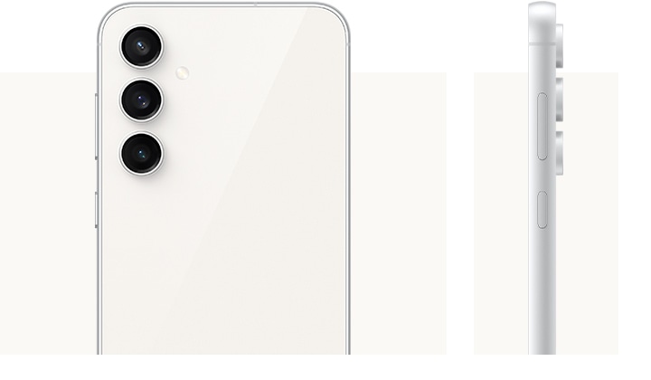 Two Galaxy S23 FE devices in Cream. One stands upright and is seen from the rear. The other is seen from the side to show the floating camera design.