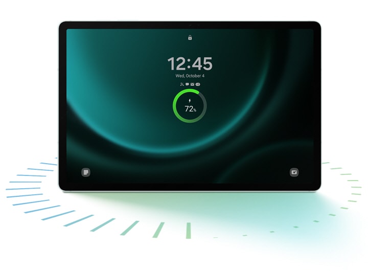 Galaxy Tab S9 FE+ in Mint in Landscape mode, facing forward with the tablet's battery charging status shown on the lock screen.