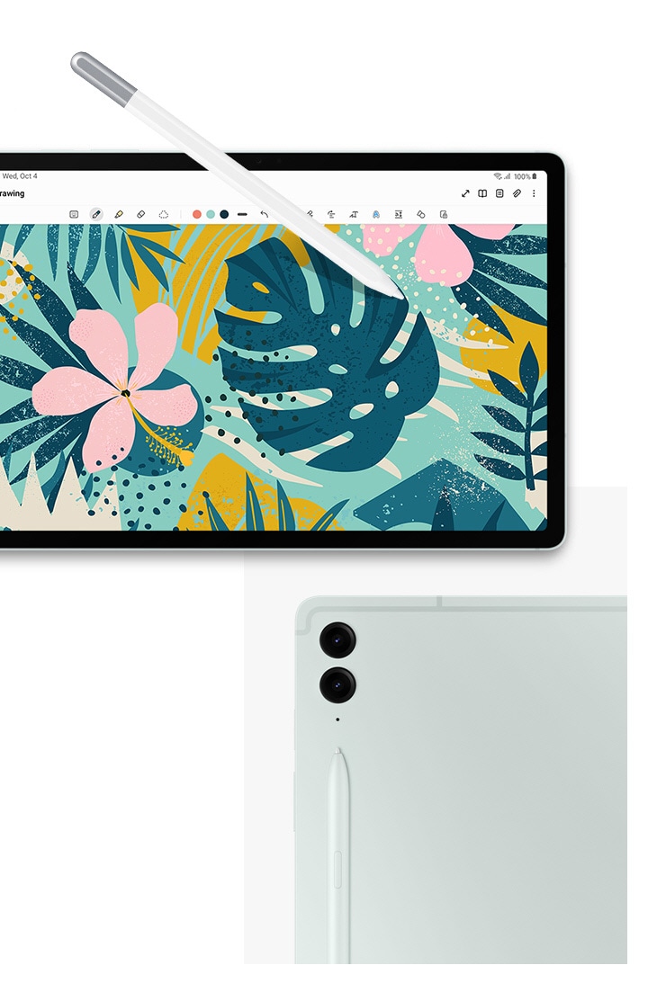 S Pen Creator Edition is pointing at the screen of Galaxy Tab S9 FE+ in Mint with a colorful image open onscreen in the Samsung Notes app. Close-up of the back of Galaxy Tab S9 FE+ in Mint, showcasing the rear camera system and attached inbox S Pen.