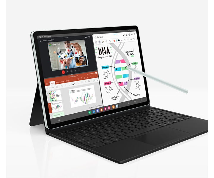 Galaxy Tab S9 FE+ in Mint propped up in Landscape mode with Book Cover Keyboard attached. S Pen is pointing at the device's screen with three apps open in multi windows.