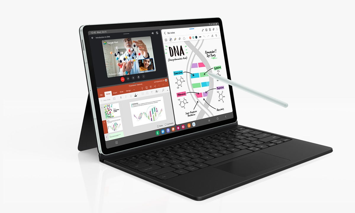 Galaxy Tab S9 FE+ in Mint propped up in Landscape mode with Book Cover Keyboard attached. S Pen is pointing at the device's screen with three apps open in multi windows.