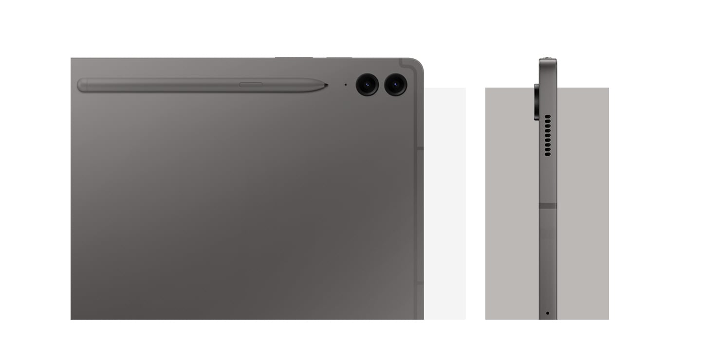 Close-up of the back of Galaxy Tab S9 FE+ in Gray, showcasing the rear design, camera system and attached S Pen. Another Galaxy Tab S9 FE+ in Gray is seen from the side, showcasing the design