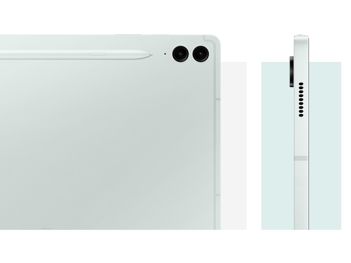 Close-up of the back of Galaxy Tab S9 FE+ in Mint, showcasing the rear design, camera system and attached S Pen. Another Galaxy Tab S9 FE+ in Mint is seen from the side, showcasing the design.
