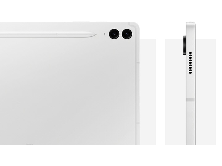 Close-up of the back of Galaxy Tab S9 FE+ in Silver, showcasing the rear design, camera system and attached S Pen. Another Galaxy Tab S9 FE+ in Silver is seen from the side, showcasing the design.