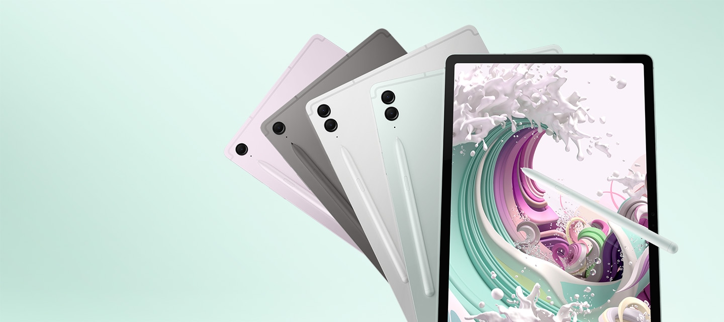 Galaxy Tab S9 FE in Lavender and Gray, Tab S9 FE+ in Silver and Mint are lined up overlapping each other with their back facing forward and S Pen attached. An S Pen is pointing at the screen of a Mint-colored Galaxy Tab S9 FE+ with a colorful wave wallpaper onscreen.