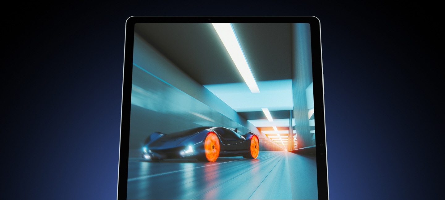 Galaxy Tab S9 FE+ in Portrait mode, facing forward with a fast-moving car driving through a tunnel shown oscreen, highlighting the smooth screen motion.
