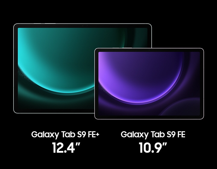 Galaxy Tab S9 FE+ in Mint with a 12.4-inch screen and Tab S9 FE in Lavender with a 10.9-inch screen next to each other in Landscape mode, facing forward with a green and purple wallpaper onscreen, respectively.