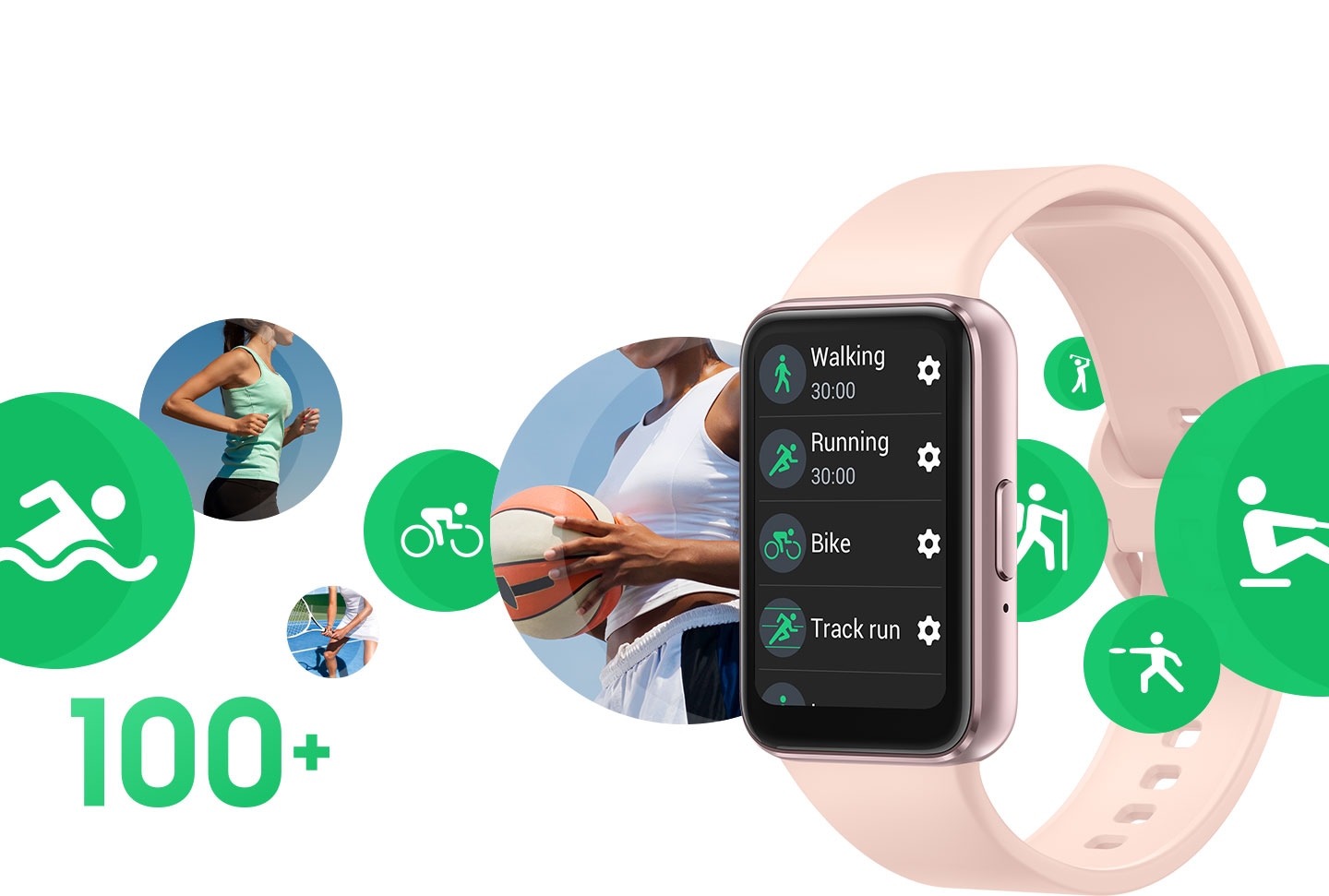 Galaxy Fit3 with multiple workout mode icons, including bike and pool swim, gliding across the device.