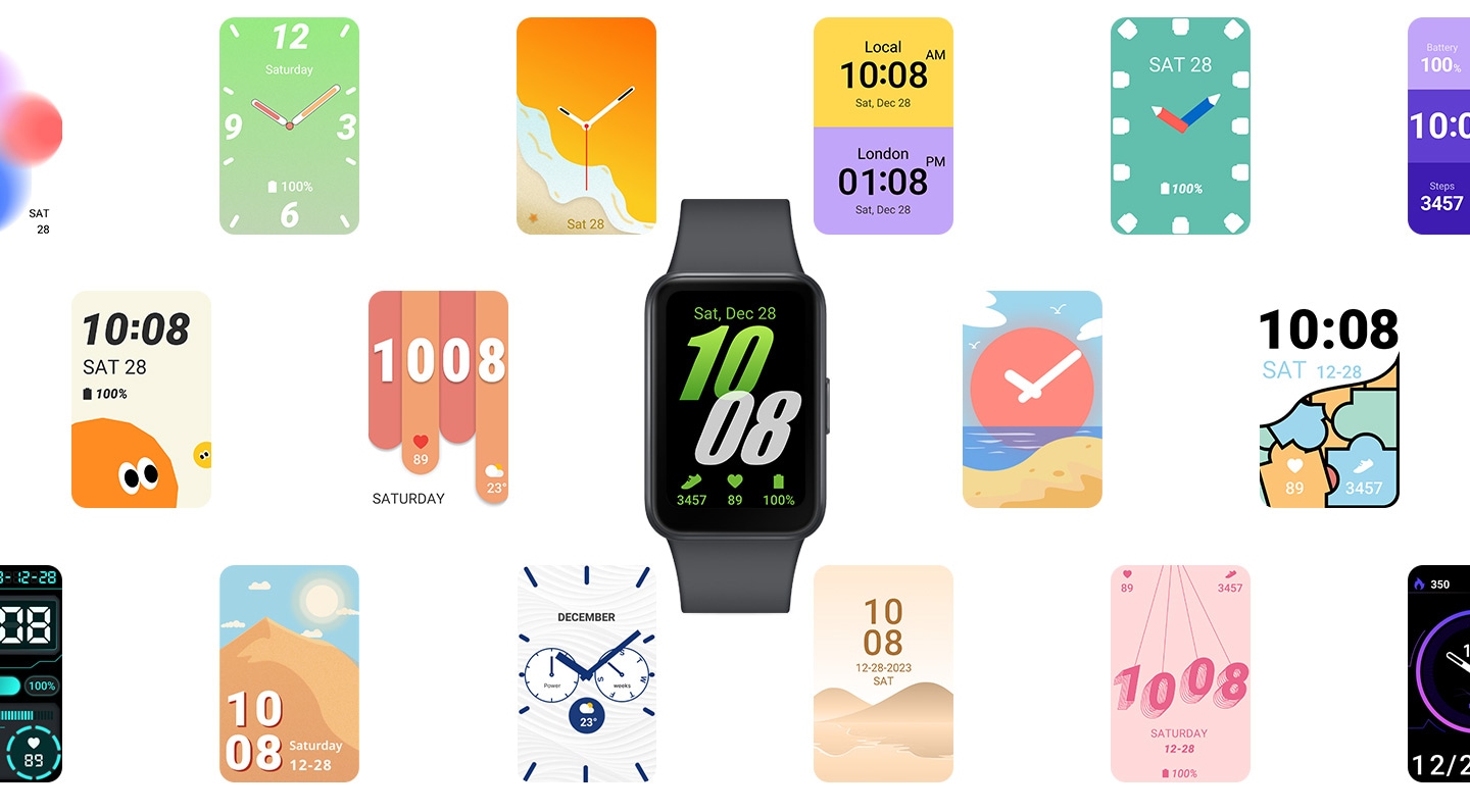 Galaxy Fit3 Dark Gray is seen with a row of diverse Watchfaces gliding across the screen to highlight the variety of Watchfaces. Galaxy Fit3 Pink Gold and Galaxy Fit3 Silver show up on either side of the device.
