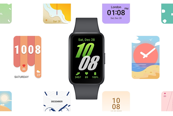 Galaxy Fit3 Dark Gray is seen with a row of diverse Watchfaces gliding across the screen to highlight the variety of Watchfaces. Galaxy Fit3 Pink Gold and Galaxy Fit3 Silver show up on either side of the device.