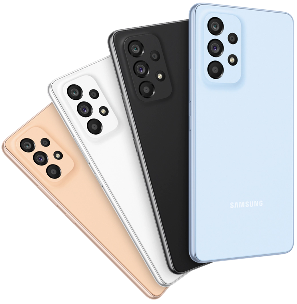 Four Galaxy A53 5G phones in Awesome Blue, Awesome Black, Awesome White and Awesome Peach fanned out and seen from the rear.