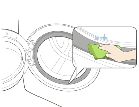 How do we clean the door seal/bellow of Front loading washing machine?