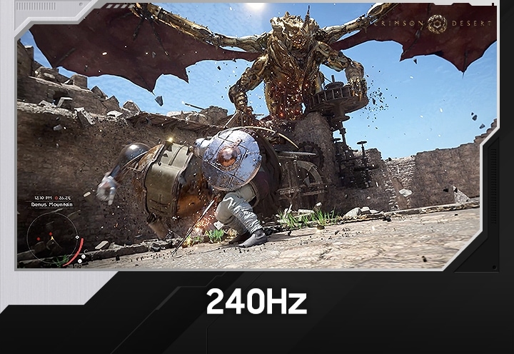 A warrior fights a dragon in Crimson Desert on a Samsung Gaming TV. Motion Xcelerator enhances 60 Hz to 240 Hz for a clearer view and smoother gameplay.