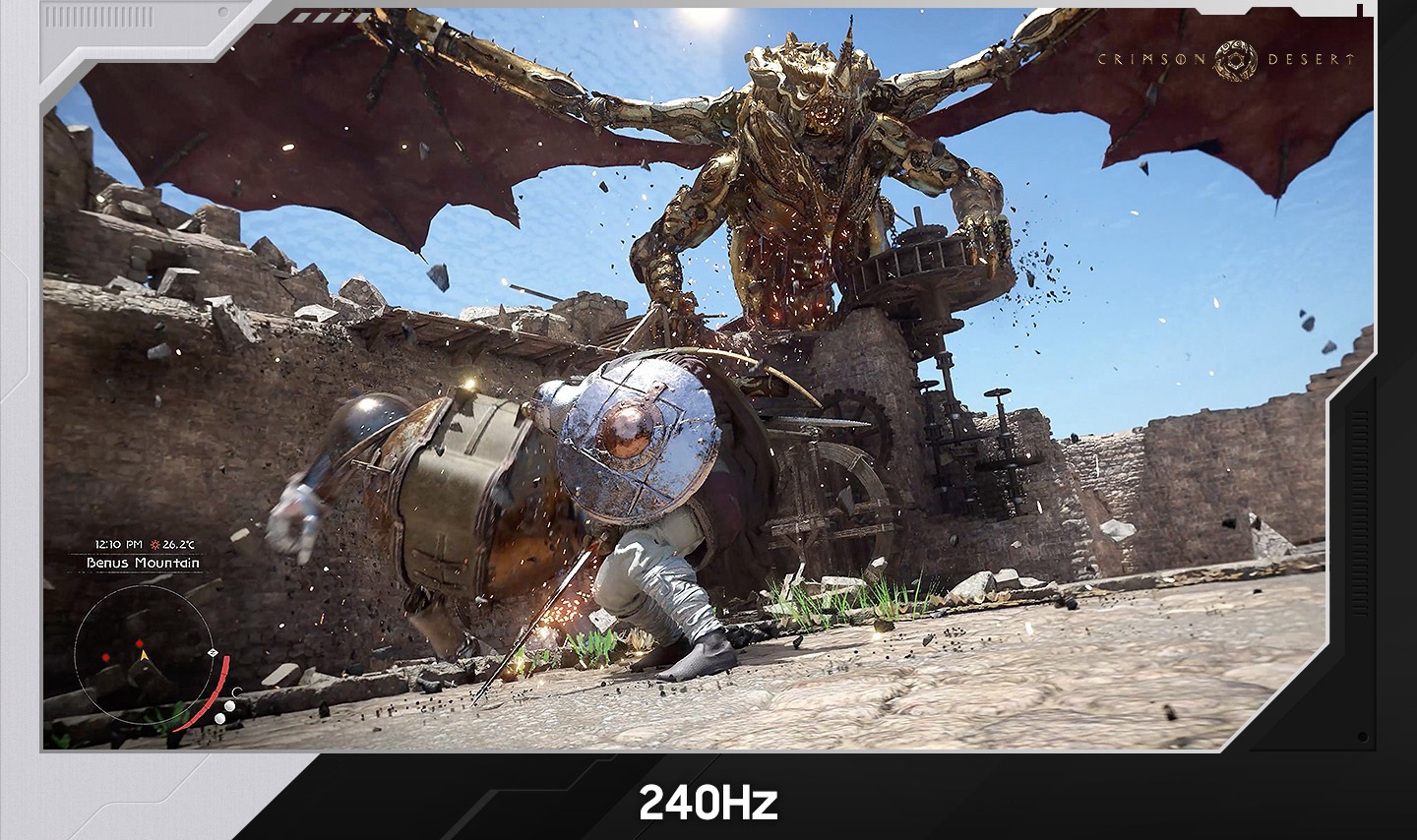 A warrior fights a dragon in Crimson Desert on a Samsung Gaming TV. Motion Xcelerator enhances 60 Hz to 240 Hz for a clearer view and smoother gameplay.