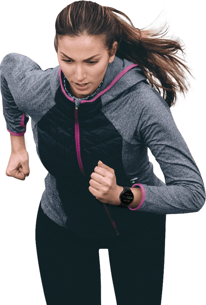 A woman in a training suit on a run with a black Galaxy Watch Active2 on her wrist, while automatic tracking displayed on the watch GUI shows her calories used, running time, and number of activities.