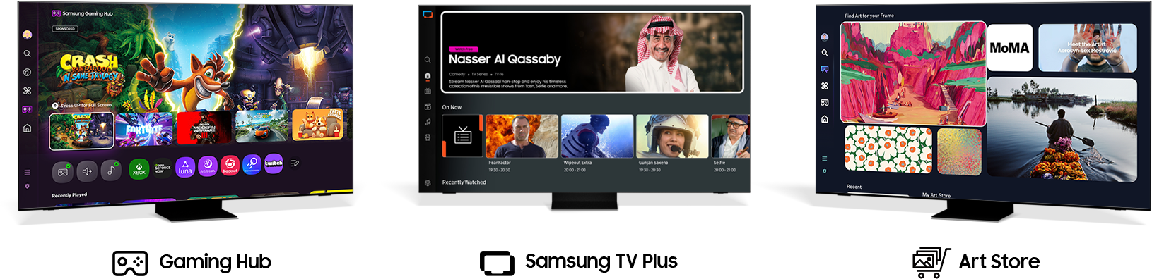 [تظهر ثلاثة أجهزة تلفزيون تعرض واجهة المستخدم الخاصة بـ Gámí~ñg Hú~b وجهاز Sám~súñg~ TV Pl~ús والمتجر الفني.]