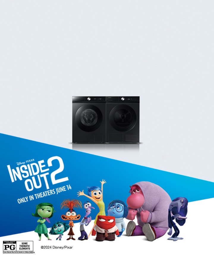 Inside Out2 characters stand with the Samsung AI washer and dryer. The movie premiers in theaters only on June 14. PG. SOME THEMATIC ELEMENTS. Copyright 2024 Disney/Pixar.